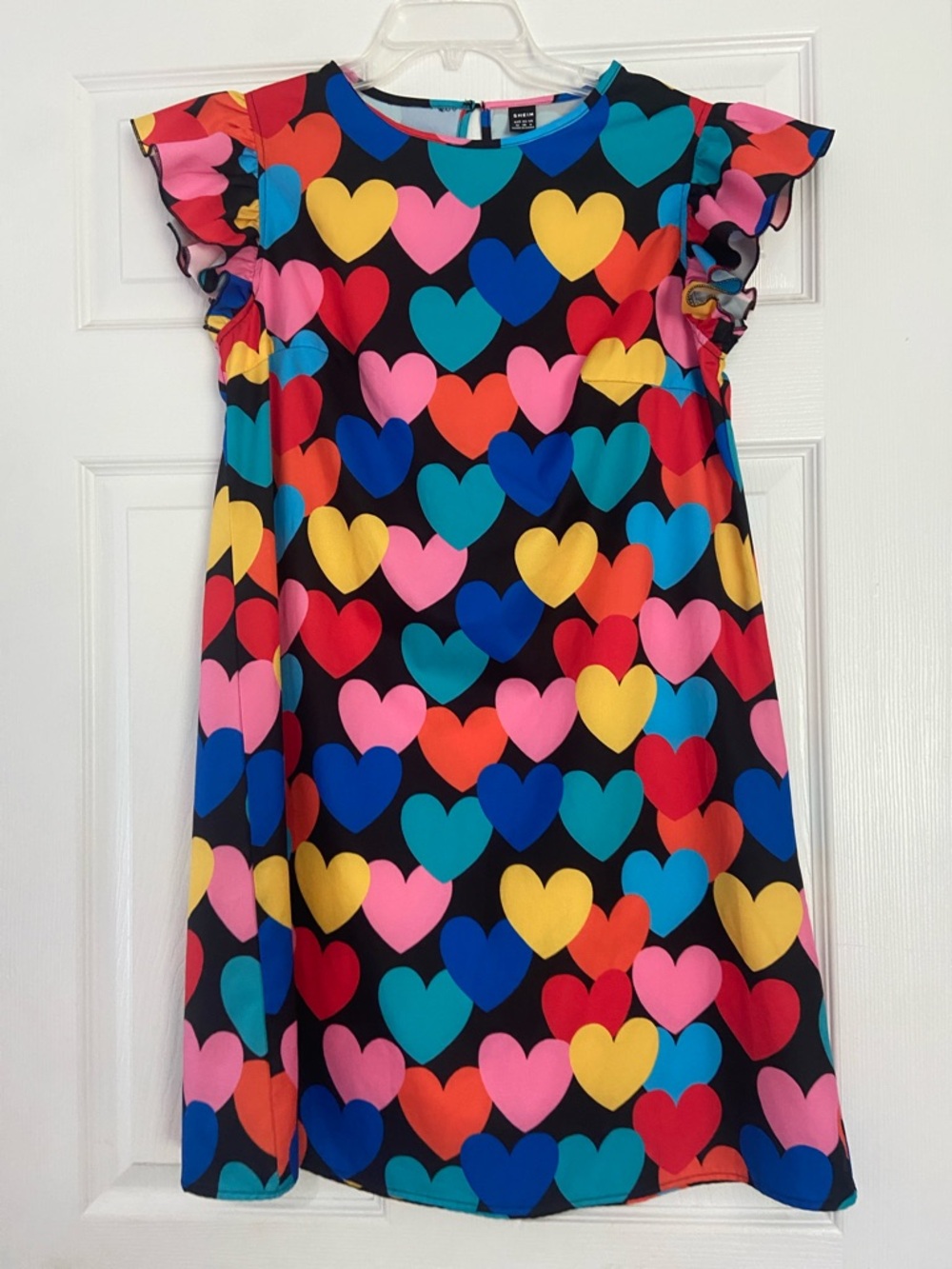 SHEIN Black Multicolor Heart Print Ruffle Sleeve Dress